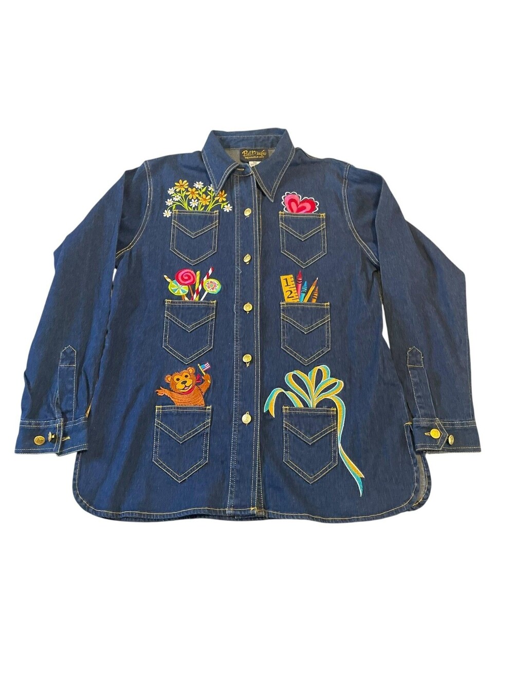 Vintage Bob Mackie Wearable Art Shirt Womens XS Denim Embroidered Pockets 90s